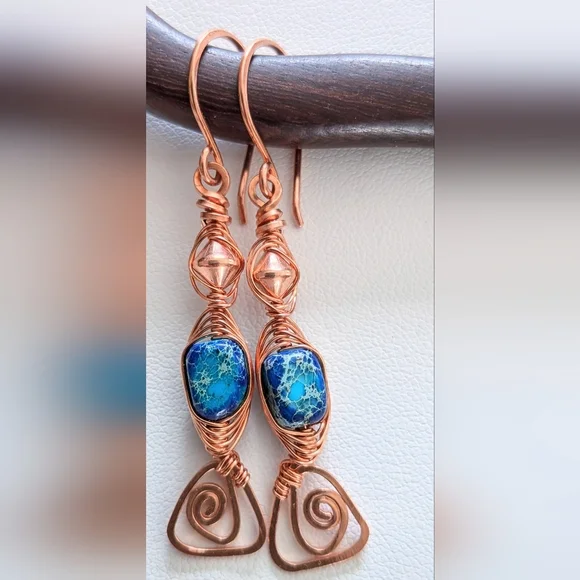 Eclectic Copper Earrings Vibrant Coastal Blue Jasper Artisan Crafted Jewelry - Picture 2 of 11